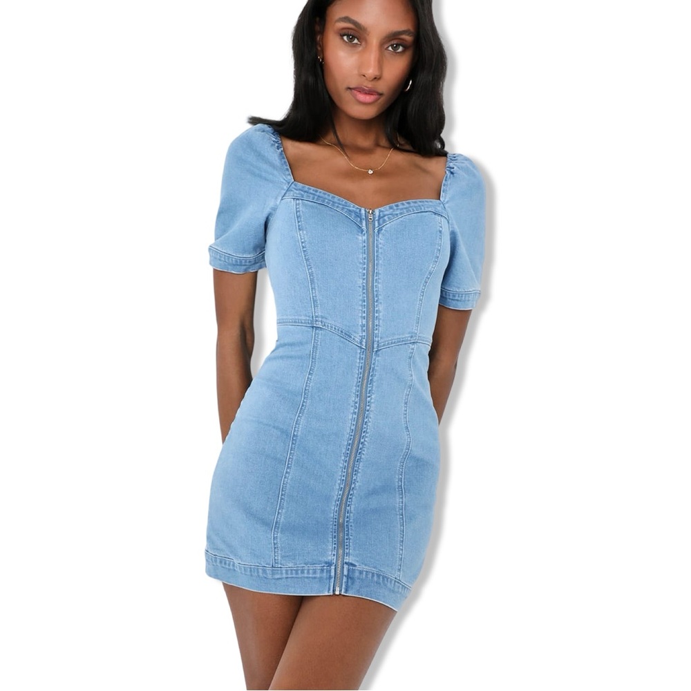 Lulus Trending Vibe Medium Wash Zip-Front Denim Dress Size Large NWT